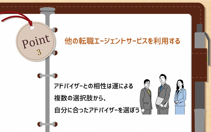 POINT3 他の転職エージェントサービスを利用する。アドバイザーとの相性は運による。複数の選択肢から、自分に合ったアドバイザーを選ぼう