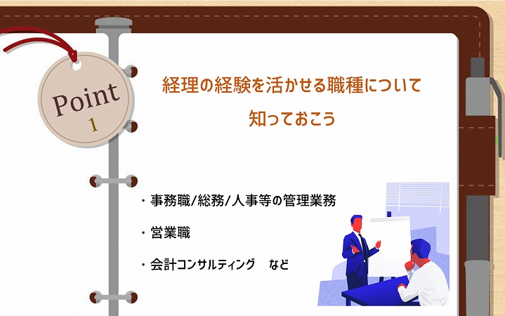 POINT1 経理の経験を活かせる職種について知っておこう ・事務職/総務/人事などの管理業務 ・営業職 ・会計コンサルティング など