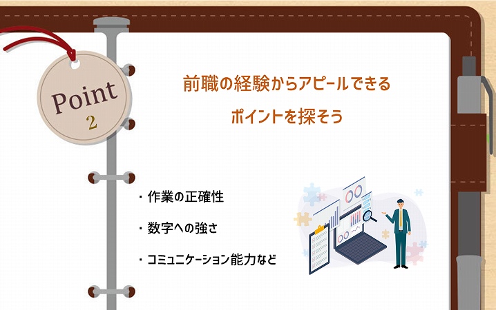 POINT2 前職の経験からアピールできるポイントを探そう ・作業の正確性 ・数字への強さ ・コミュニケーション能力など