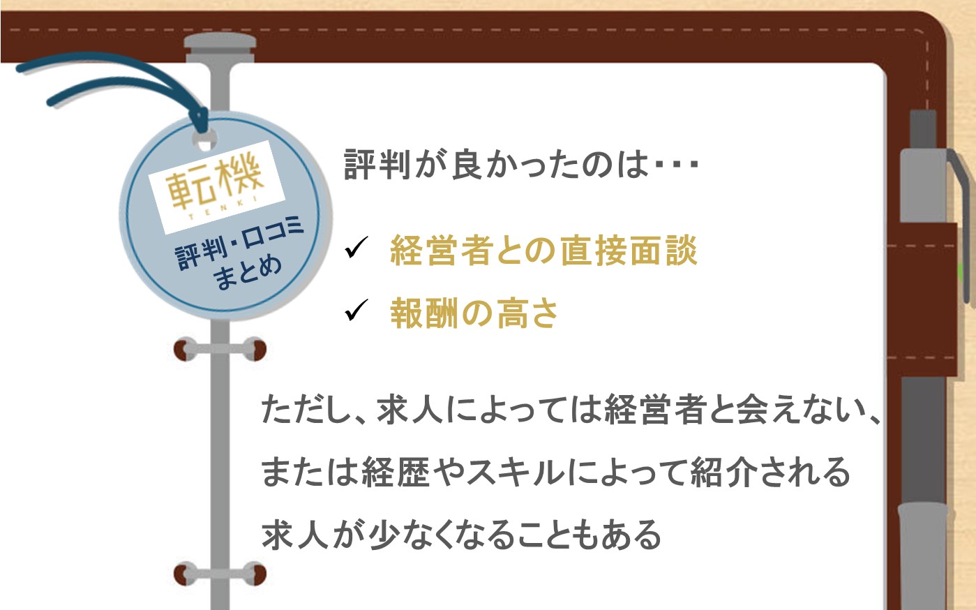 評判が良かったのは・・・■経営者との直接面談
■報酬の高さ。ただし、求人によっては経営者と会えない、または経歴やスキルによって紹介される求人が少なくなることもある
