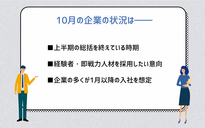 10月の企業の状況は―― ■上半期の総括を終えている時期 ■経験者・即戦力人材を採用したい意向 ■企業の多くが1月以降の入社を想定