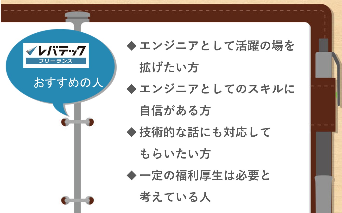 レバテックフリーランスおすすめの人 ■フリーランスとして活躍の場を広げたい ■エンジニアとしてのスキルレベルに自信がある ■技術的な話に対応可能な担当者に相談したい ■フリーランスでも一定の福利厚生は欲しい