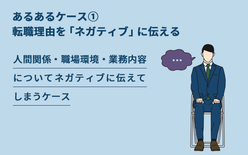 転職失敗あるあるケース① 転職理由を「ネガティブ」に伝える。人間関係・職場環境・業務内容についてネガティブに伝えてしまうケース