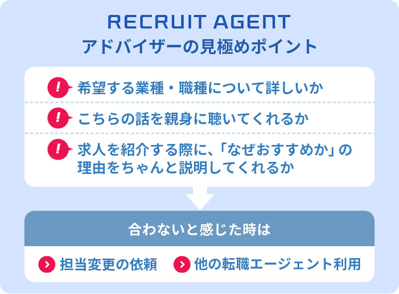 リクルートエージェントのアドバイザーの見極めポイント ■希望する業種・職種について詳しいか ■こちらの話を親身に聴いてくれるか ■求人を紹介する際に、「なぜおすすめか」の理由をちゃんと説明してくれるか 「合わない」と感じた時は:■担当変更の依頼 ■他の転職エージェント利用