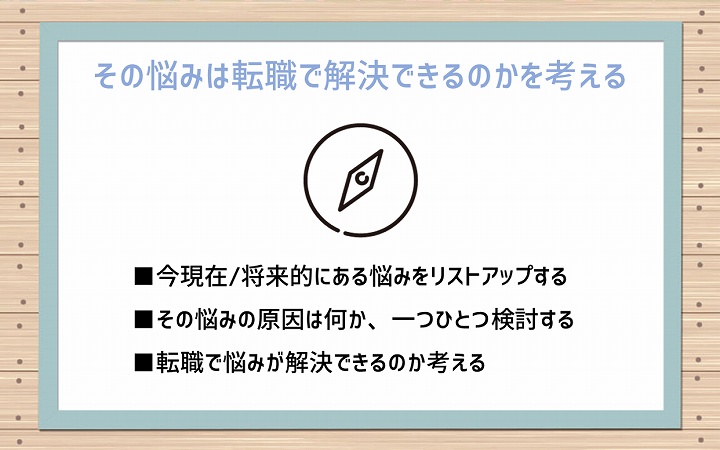 その悩みは転職で解決できるのかを考える ■今現在/将来的にある悩みをリストアップする ■その悩みの原因は何か、一つひとつ検討する ■転職で悩みが解決できるのか考える