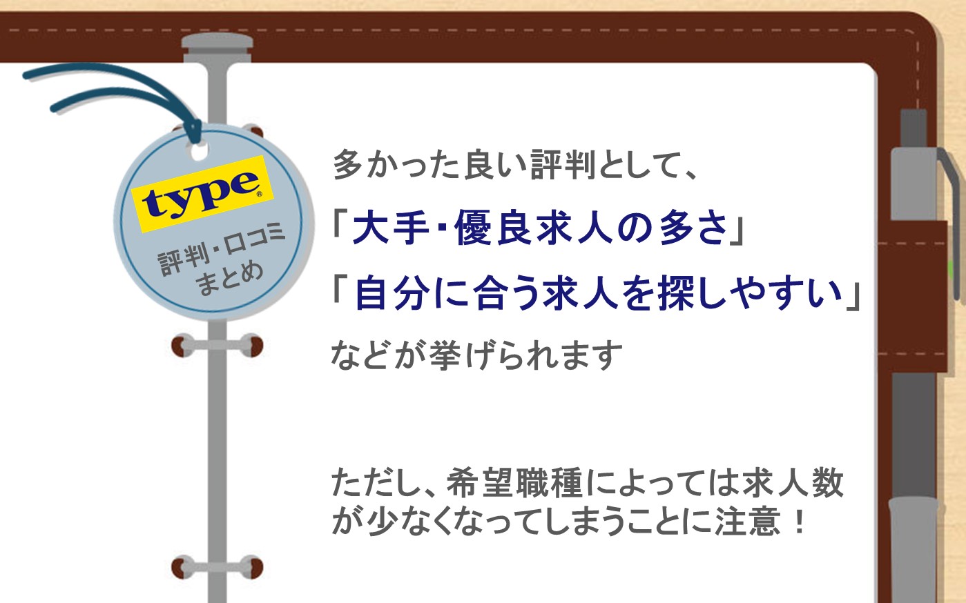 typeの評判口コミまとめ。多かった良い評判は「「大手優良求人の多さ・自分に合った求人を探しやすいなど。ただし、希望職種によっては求人数が少なくなってしまうことに注意