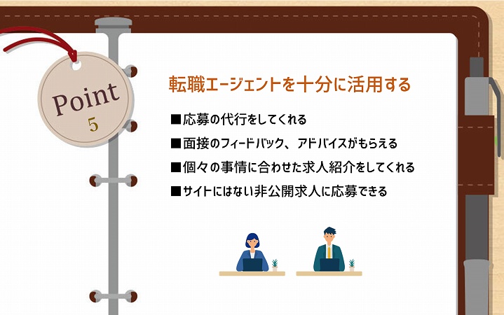 POINT5 転職エージェントを十分に活用する ■応募の代行をしてくれる ■面接のフィードバック、アドバイスがもらえる ■個々の事情に合わせた求人紹介をしてくれる ■サイトにはない非公開求人に応募できる