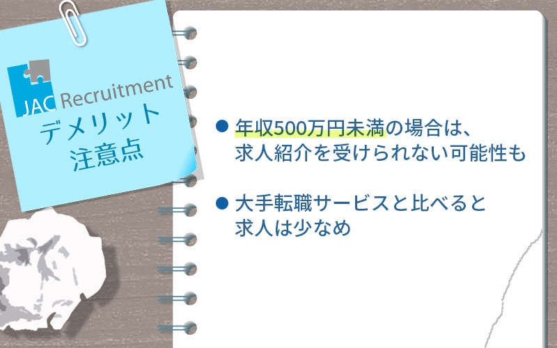 JACリクルートメントのデメリット・注意点。 ■年収500万円未満の場合は、求人紹介を受けられない可能性も ■大手転職サービスと比べると求人は少なめ