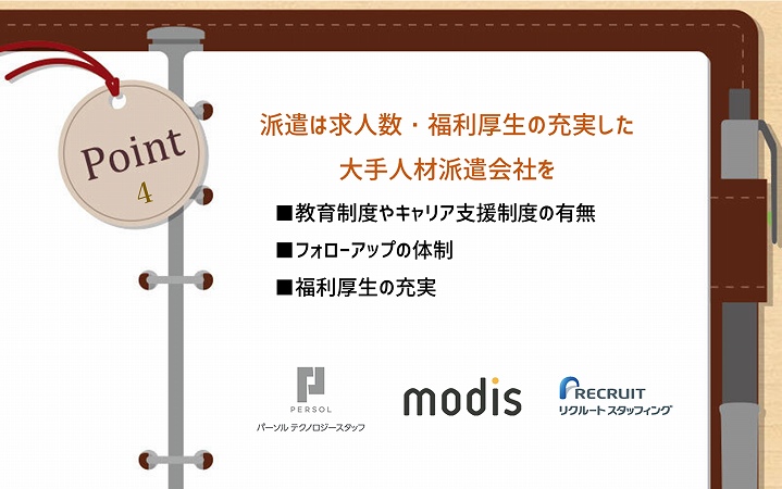 POINT4 派遣は求人数・福利厚生の充実した大手人材派遣会社を ■教育制度やキャリア支援制度の有無 ■フォローアップの体制 ■福利厚生の充実