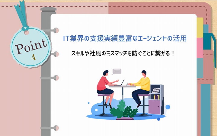 POINT4 IT業界の支援実績豊富なエージェントの活用。スキルや社風のミスマッチを防ぐことに繋がる!