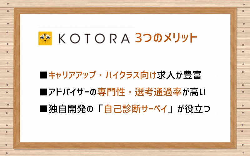 コトラのメリット。■キャリアアップ・ハイクラス向け求人が豊富 ■アドバイザーの専門性・選考通過率が高い ■独自開発の「自己診断サーベイ」が役立つ