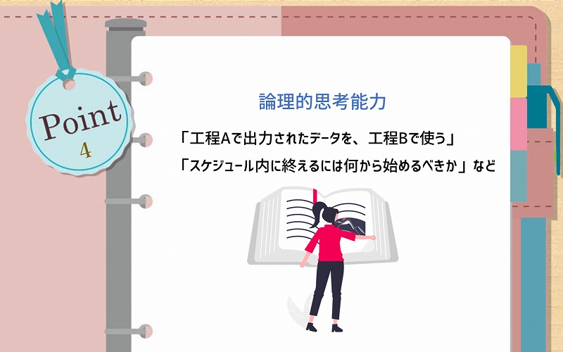 論理的思考力:「工程Aで出力されたデータを、工程Bで使う」「スケジュール内に終えるには何から始めるべきか」など