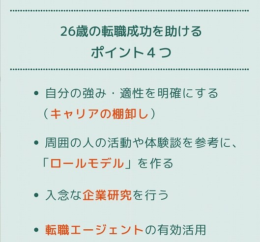 26歳の転職成功を助けるポイント4つ ●自分の強み・適性を明確にする(キャリアの棚卸し) ●周囲の人の活動や体験談を参考に、「ロールモデル」を作る ●入念な企業研究を行う ●転職エージェントの有効活用