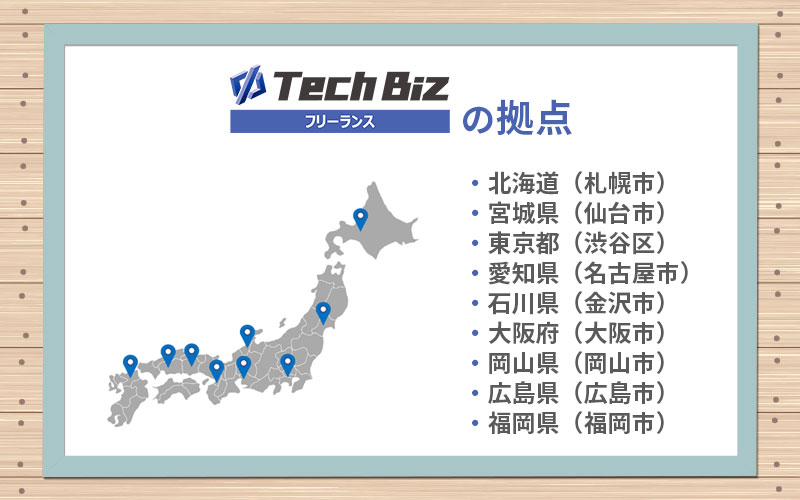テックビズフリーランスの拠点 北海道(札幌市)・宮城県(仙台市)・東京都(渋谷区)・愛知県(名古屋市)・石川県(金沢市)・大阪府(大阪市)・岡山県(岡山市)・広島県(広島市)・福岡県(福岡市)