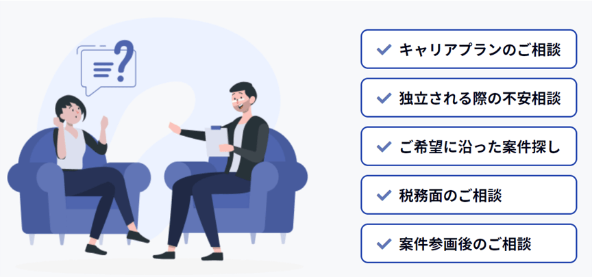 ■キャリアプランのご相談 ■独立される際の不安相談 ■ご希望に沿った案件探し ■税務面のご相談 ■案件参画後のご相談