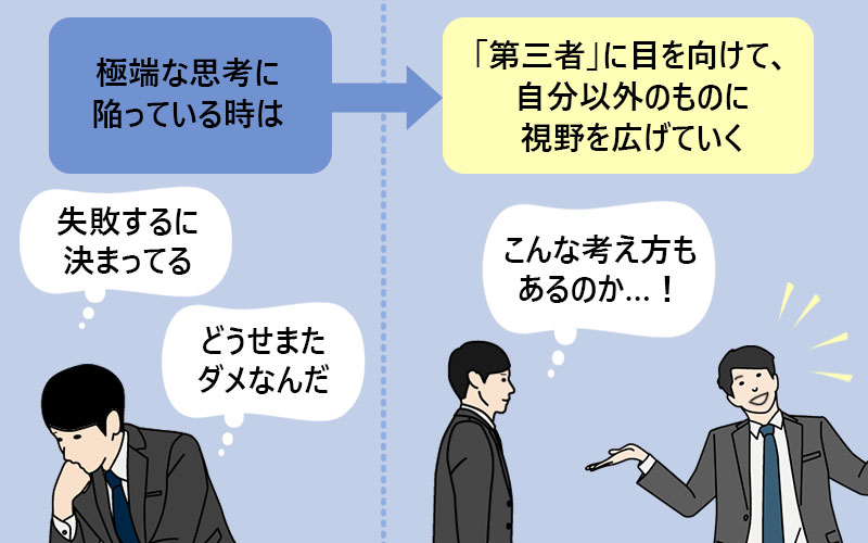 極端な思考に陥っている時は「第三者」に目を向けて、自分以外のものに視野を広げていく
