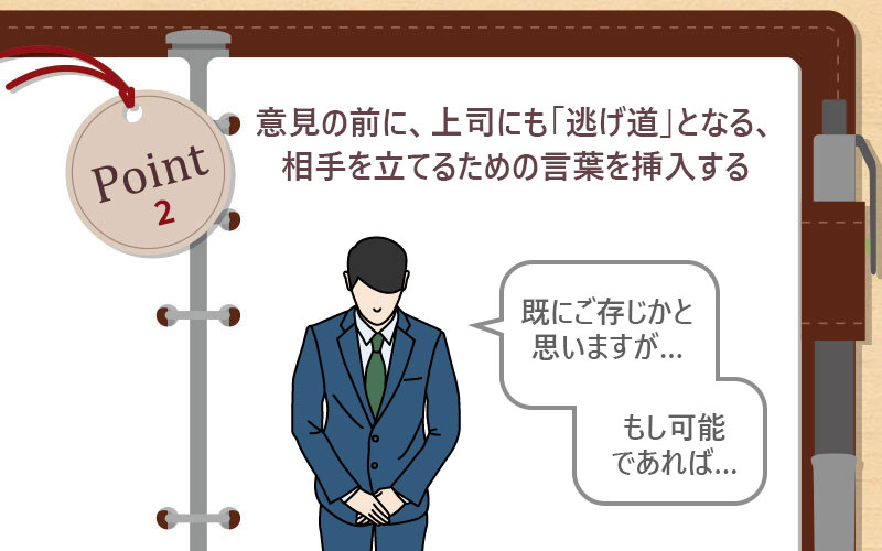 意見の前に、上司にも「逃げ道」となる、相手を立てるための言葉を挿入する