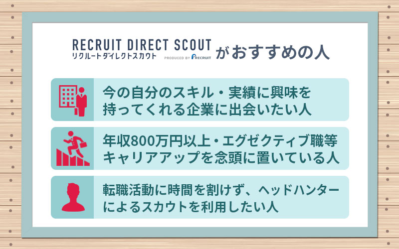 リクルートダイレクトスカウトがおすすめの人 ■今の自分のスキル・実績に興味を持ってくれる企業に出会いたい人 ■年収800万円以上・エグゼクティブ職等、キャリアアップを念頭に置いている人 ■転職活動に時間を割けず、ヘッドハンターによるスカウトを利用したい人