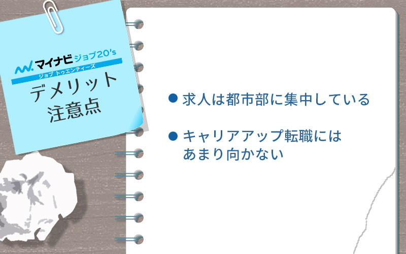 マイナビジョブ20'sのデメリット・注意点。 ■求人は都市部に集中している ■キャリアアップ転職にはあまり向かない