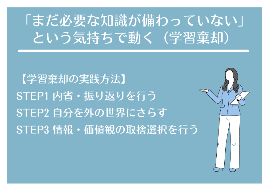 「まだ必要な知識が備わっていない」という気持ちで動く(学習棄却)【学習棄却の実践方法】STEP1 内省・振り返りを行う STEP2 自分を外の世界にさらす STEP3 情報・価値観の取捨選択を行う