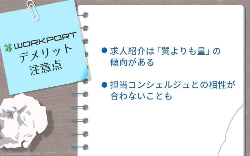 ワークポートのデメリット・注意点。 ■求人紹介は「質よりも量」の傾向がある ■担当コンシェルジュとの相性が合わないことも