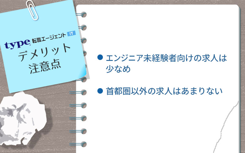 type転職エージェントITのデメリット・注意点。 ■エンジニア未経験者向けの求人は少なめ ■首都圏以外の求人はあまりない