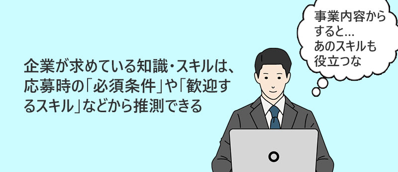 企業が求めている知識・スキルは、応募時の「必須条件」や「歓迎するスキル」などから推測できる
