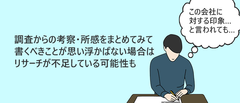 調査からの考察・所感をまとめてみて書くべきことが思い浮かばない場合はリサーチが不足している可能性も