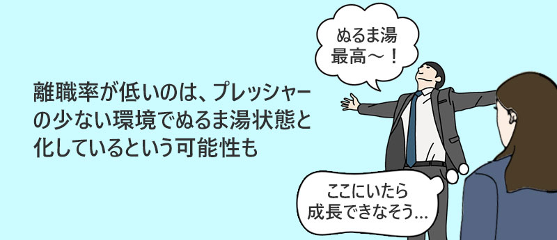 離職率が低いのは、プレッシャーの少ない環境でぬるま湯状態と化しているという可能性も