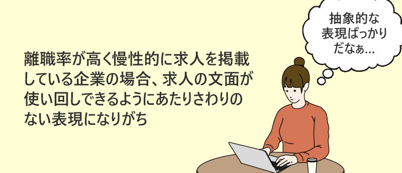 離職率が高く慢性的に求人を掲載している企業の場合、求人の文面が使い回しできるようにあたりさわりのない表現になりがち