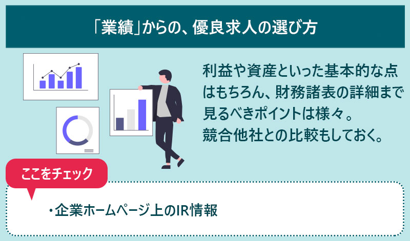 利益や資産といった基本的な点はもちろん、財務諸表の詳細まで見るべきポイントは様々。競合他社との比較もしておく。