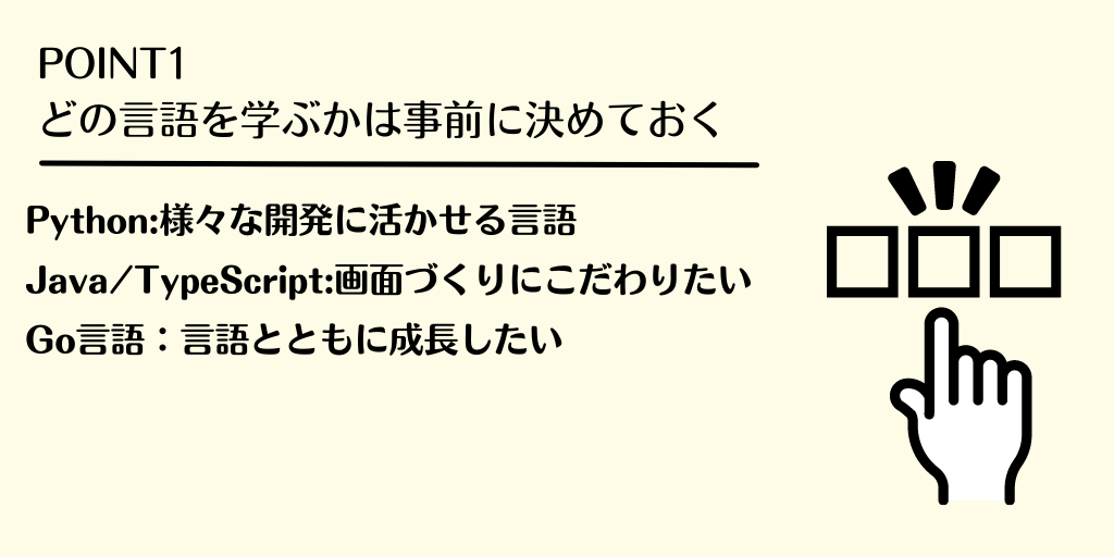 POINT1 どの言語を学ぶかは事前に決めておく Python:様々な開発に活かせる言語 Java/TypeScript:画面づくりにこだわりたい Go言語:言語とともに成長したい