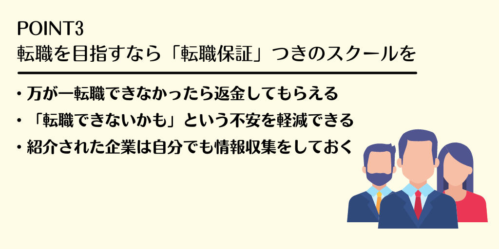 POINT3 転職を目指すなら「転職保証」つきのスクールを ・万が一転職できなかったら返金してもらえる ・「転職できないかも」という不安を軽減できる ・紹介された企業は自分でも情報収集をしておく
