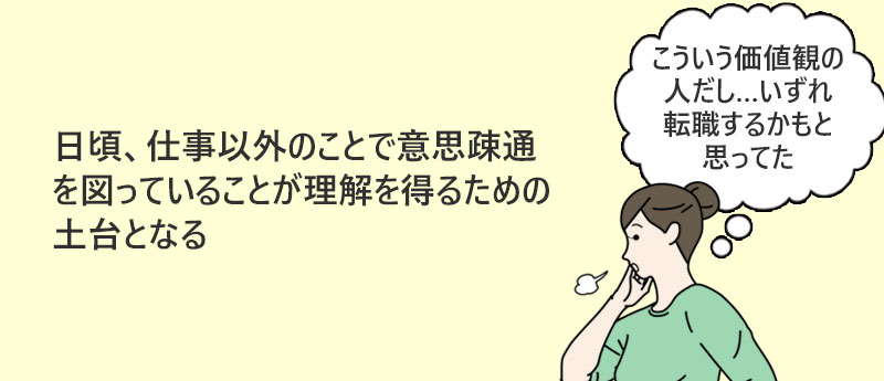 日頃、仕事以外のことで意思疎通を図っていることが理解を得るための土台となる