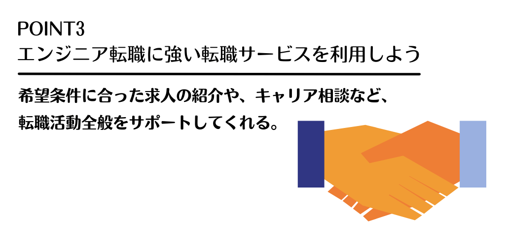 POINT3 エンジニア転職に強い転職サービスを利用しよう:希望条件に合った求人の紹介や、キャリア相談など、転職活動全般をサポートしてくれる。