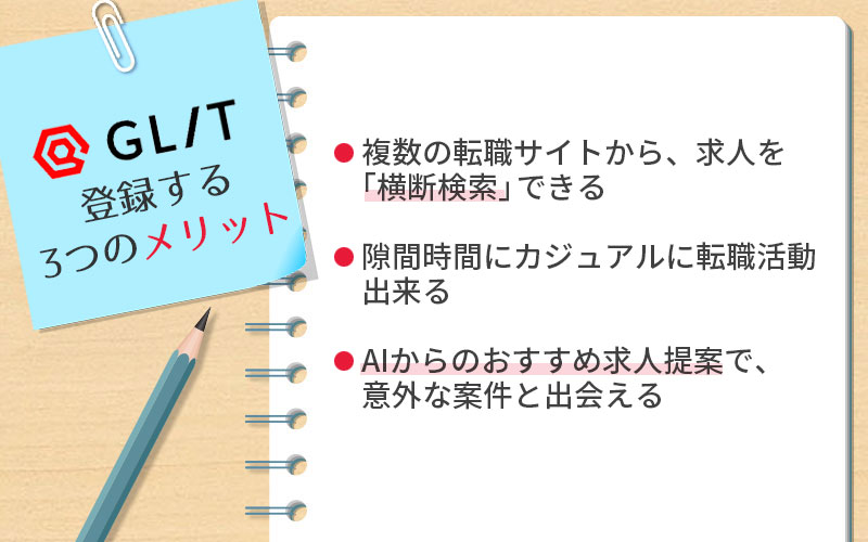 GLITに登録する3つのメリット。 ■複数の転職サイトから、求人を「横断検索」できる ■隙間時間にカジュアルに転職活動出来る ■AIからのおすすめ求人提案で、意外な案件と出会える