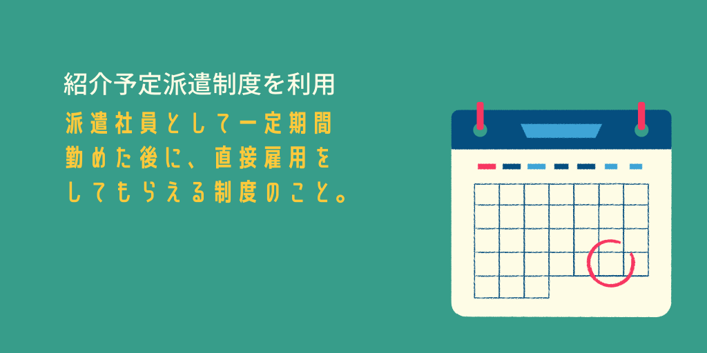 紹介予定派遣制度を利用。派遣社員として一定期間勤めた後に、直接雇用をしてもらえる制度のこと。