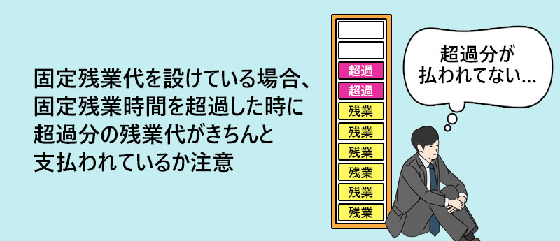 固定残業代を設けている場合、固定残業時間を超過した時に超過分の残業代がきちんと支払われているか注意
