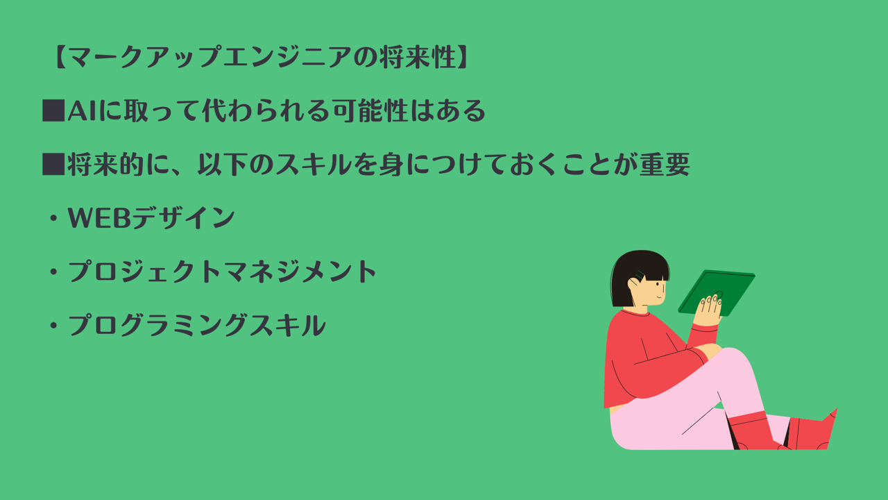 【マークアップエンジニアの将来性】 ■AIに取って代わられる可能性はある ■将来的に、以下のスキルを身につけておくことが重要 ・Webデザイン ・プロジェクトマネジメント ・プログラミングスキル