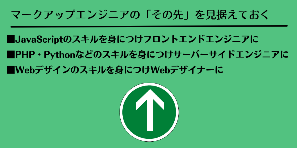 マークアップエンジニアの「その先」を見据えておく ■JavaScriptのスキルを身につけフロントエンドエンジニアに ■PHP・Pythonなどのスキルを身につけサーバーサイドエンジニアに ■Webデザインのスキルを身につけWebデザイナーに