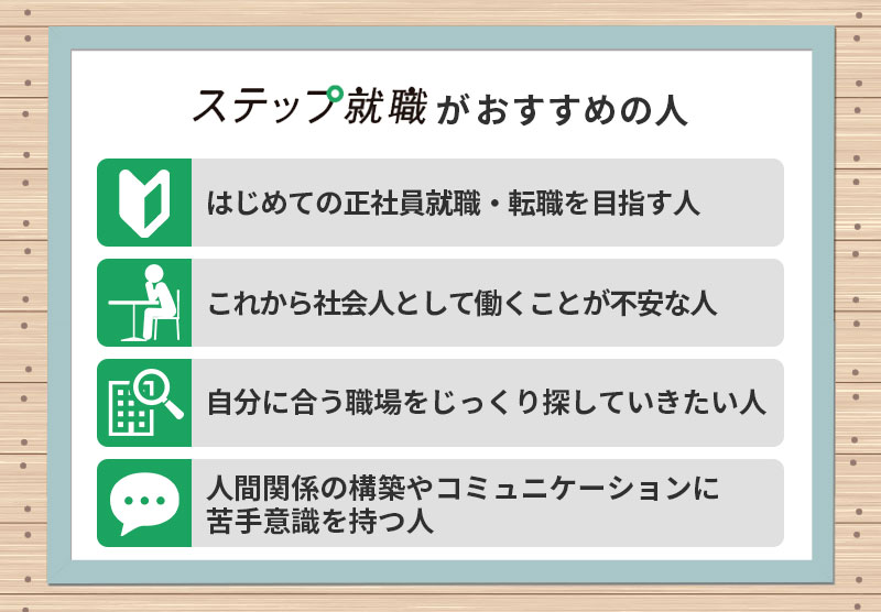 ステップ就職がおすすめの人 ■はじめての正社員就職・転職を目指す人 ■これから社会人として働くことが不安な人 ■自分に合う職場をじっくり探していきたい人 ■人間関係の構築やコミュニケーションに苦手意識を持つ人