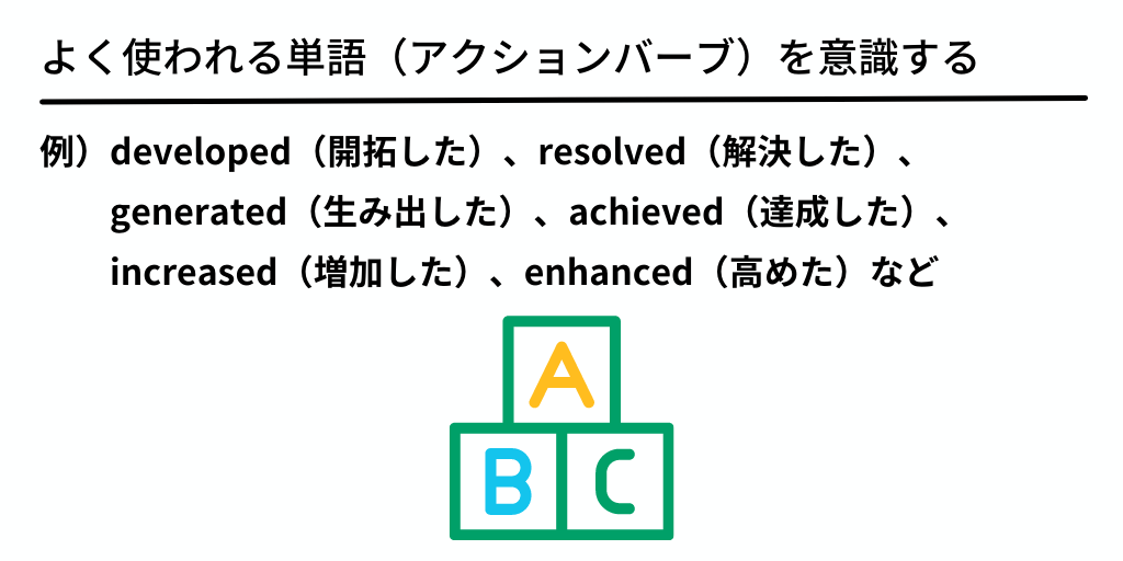 よく使われる単語(アクションバーブを意識する:例)developed(開拓した)、resolved(解決した)、generated(生み出した)、achieved(達成した)、increased(増加した)、enhanced(高めた)など)