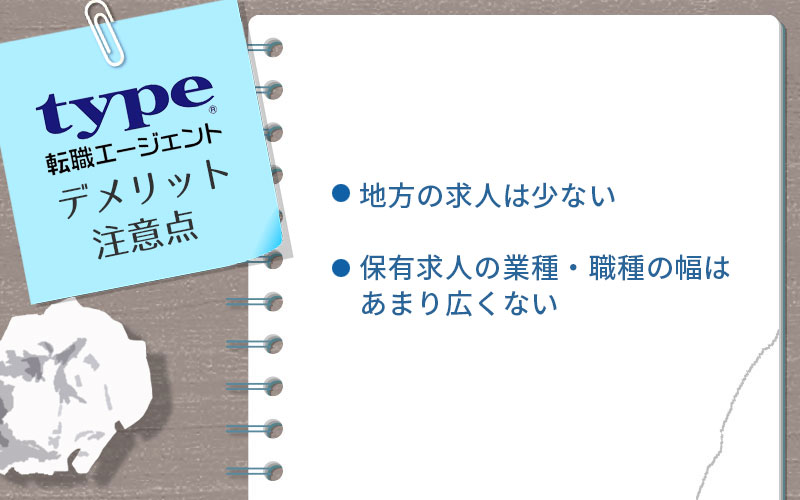 type転職エージェントのデメリット・注意点。 ■地方の求人は少ない ■保有求人の業種・職種の幅はあまり広くない