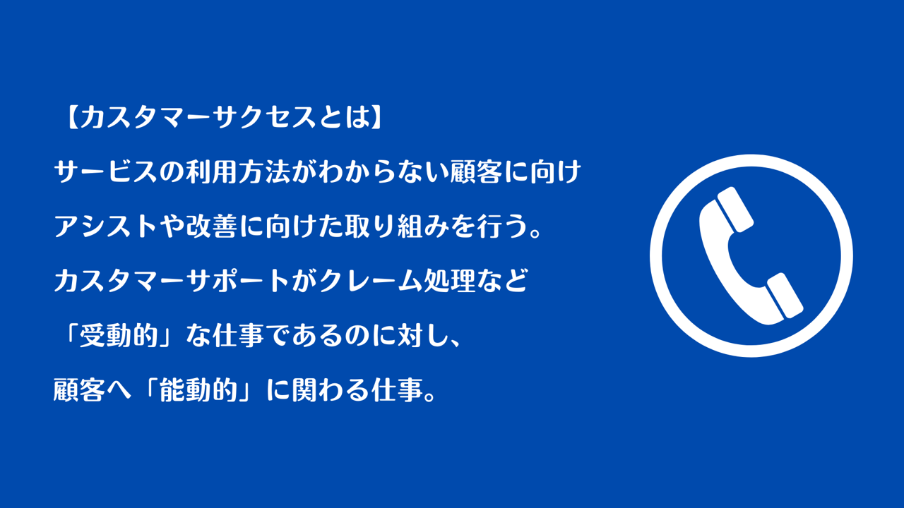 【カスタマーサクセスとは】サービスの利用方法がわからない顧客に向けアシストや改善に向けた取り組みを行う。カスタマーサポートがクレーム処理など「受動的」な仕事であるのに対し、顧客へ「能動的」に関わる仕事。