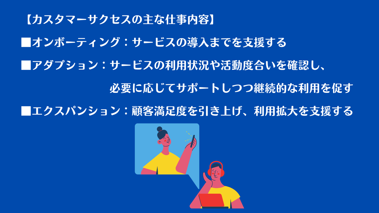 【カスタマーサクセスの主な仕事内容】■オンボーティング:サービスの導入までを支援する ■アダプション:サービスの利用状況や活動度合いを確認し、必要に応じてサポートしつつ継続的な利用を促す ■エクスパンション:顧客満足度を引き上げ、利用拡大を支援する