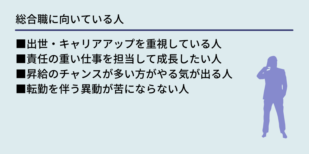 総合職に向いている人 ■出世・キャリアアップを重視している人 ■責任の重い仕事を担当して成長したい人 ■昇給のチャンスが多い方がやる気が出る人 ■転勤を伴う異動が苦にならない人
