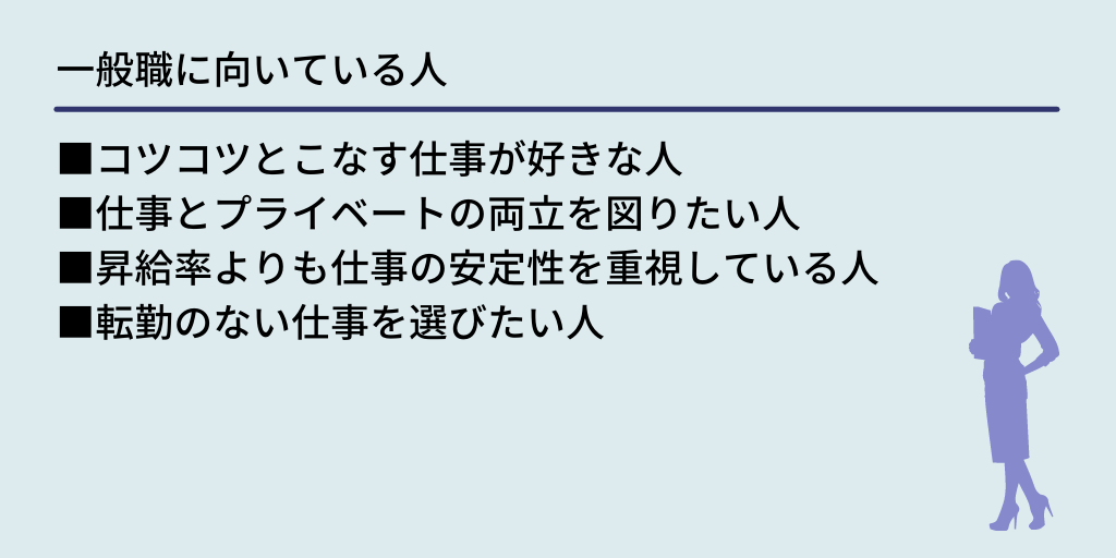一般職に向いている人 ■コツコツとこなす仕事が好きな人 ■仕事とプライベートの両立を図りたい人 ■昇給率よりも仕事の安定性を重視している人 ■転勤のない仕事を選びたい人