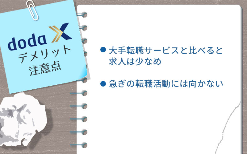 doda Xのデメリット・注意点。 ■大手転職サービスと比べると求人は少なめ ■急ぎの転職活動には向かない
