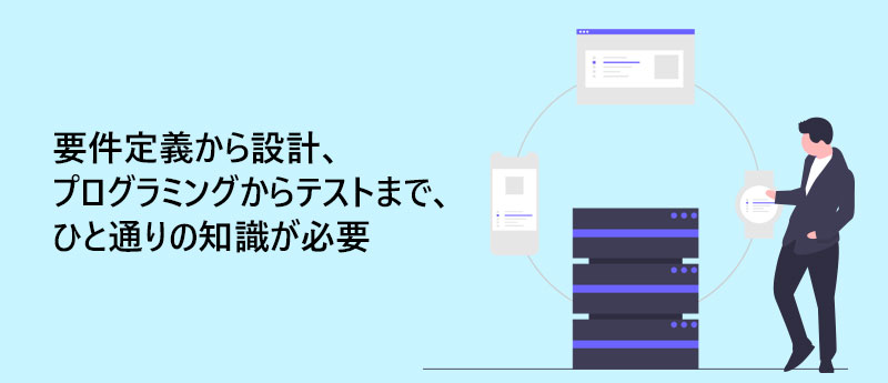 要件定義から設計、プログラミングからテストまで、ひと通りの知識が必要
