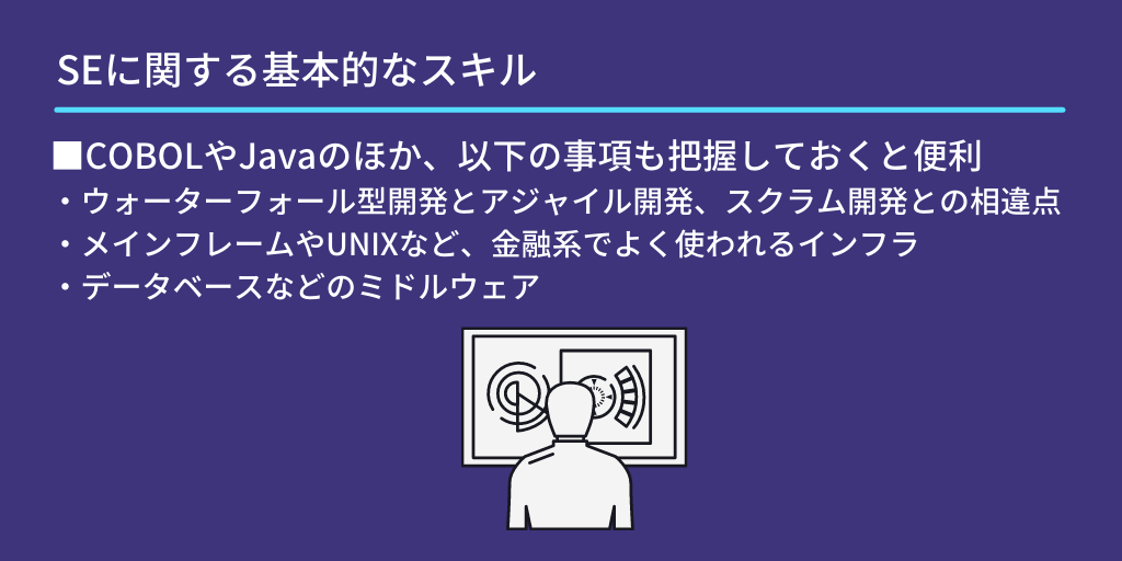 SEに関する基本的なスキル:■COBOLやJavaのほか、以下の事項も把握しておくと便利 ・ウォーターフォール型開発とアジャイル開発、スクラム開発との相違点 ・メインフレームやUNIXなど、金融系でよく使われるインフラ ・データベースなどのミドルウェア